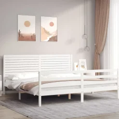 Łóżko Łóżko Drewniane Białe Rama Łózko Ze Stelażem Do Pokoju 200x200 cm