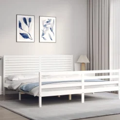 Łóżko Łóżko Drewniane Białe Rama Łózko Ze Stelażem Do Pokoju 200x200 cm