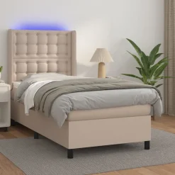 Łóżko Kontynentalne Tapicerowane z Materacem Cappuccino LED 90x200