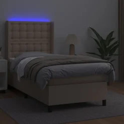 Łóżko Kontynentalne Tapicerowane z Materacem Cappuccino LED 90x200