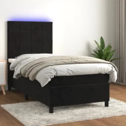 Łóżko kontynentalne z materacem i LED czarny aksamit 80x200