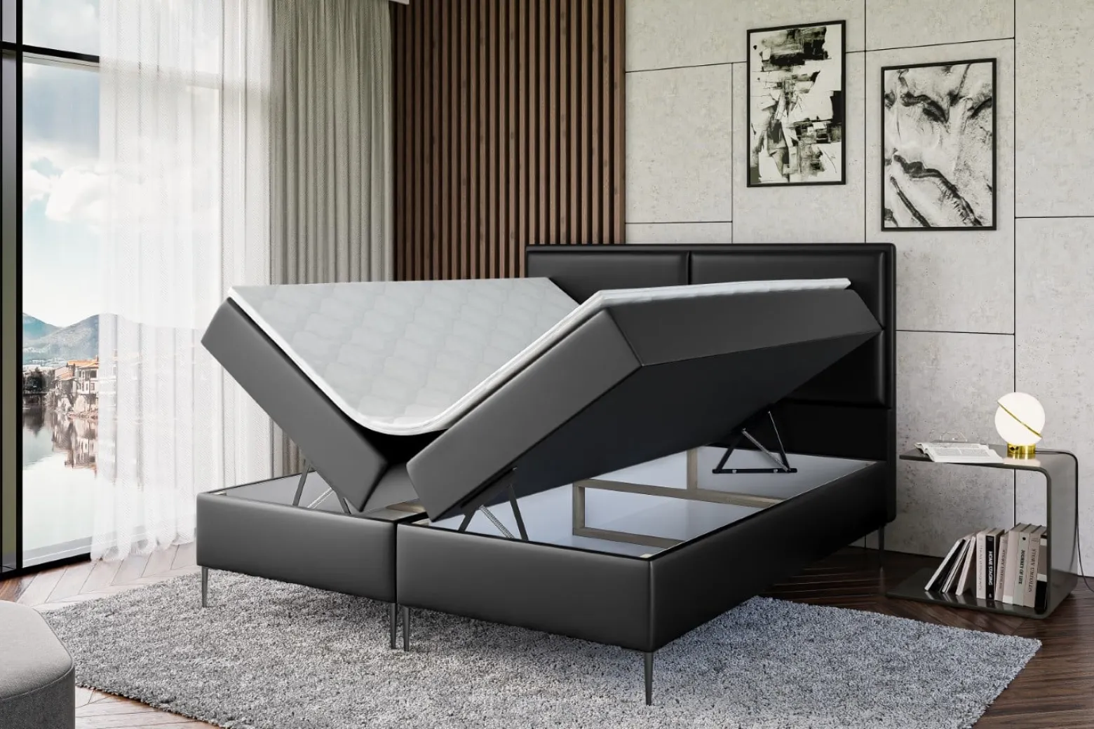 Łóżko kontynentalne z pojemnikiem, materacem i nóżkami AURA-FC 120x200 cm