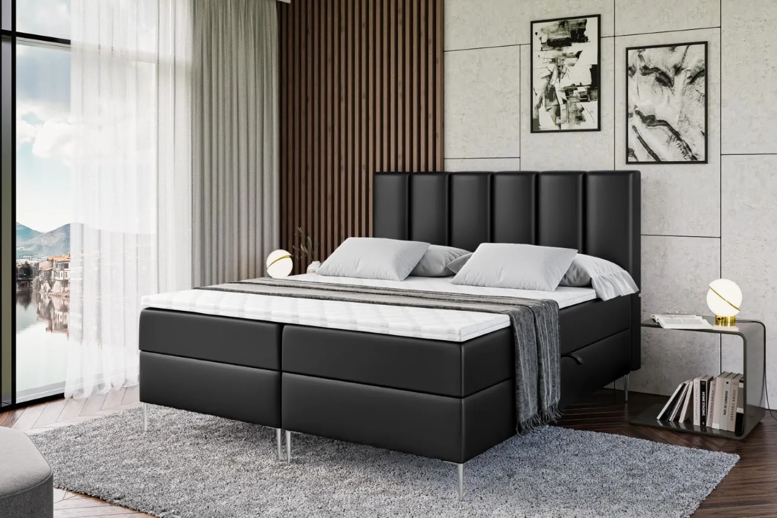 Łóżko kontynentalne z pojemnikiem, materacem i nóżkami BOXI1-FS 120x200 cm