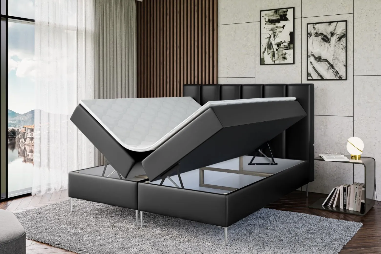 Łóżko kontynentalne z pojemnikiem, materacem i nóżkami BOXI1-FS 120x200 cm
