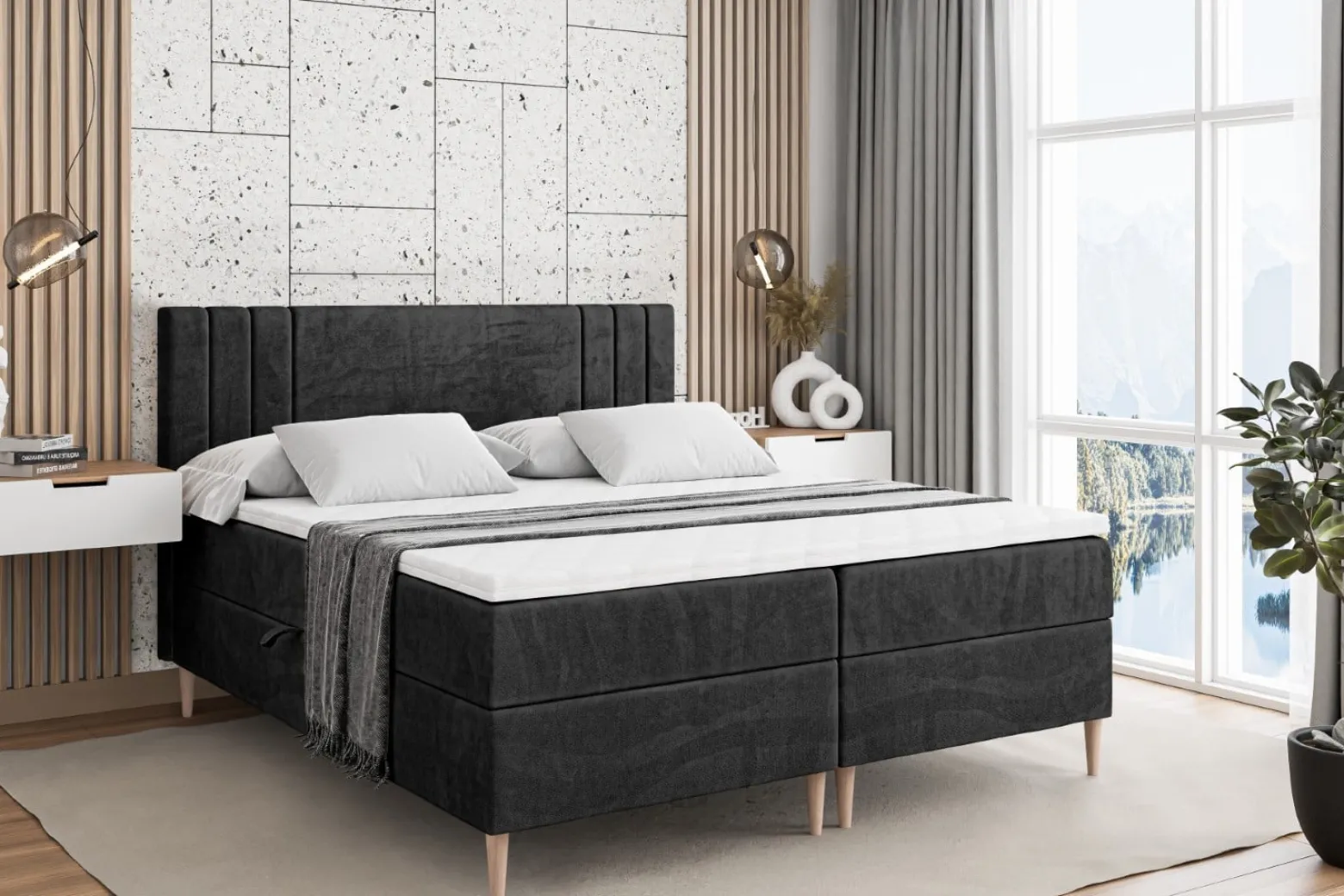 Łóżko kontynentalne z pojemnikiem, materacem i nóżkami IDRIKO-FD 120x200 cm