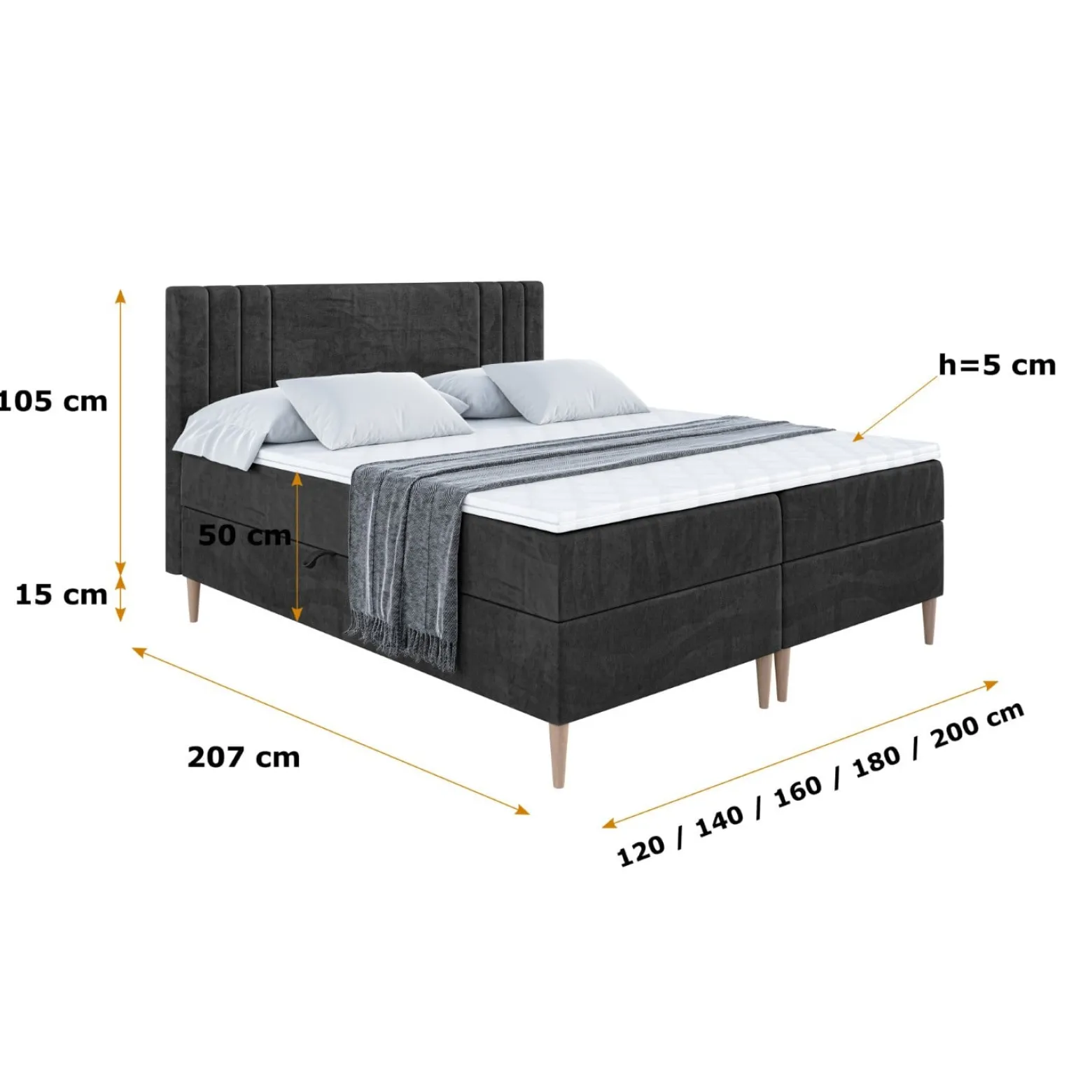 Łóżko kontynentalne z pojemnikiem, materacem i nóżkami IDRIKO-FD 120x200 cm
