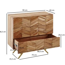 Komoda 90 cm Drewno Akacjowe Metalowa Szafka 3 Szuflady do Salonu