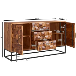 Komoda 145 cm Sheesham Drewno Lite Metal Szafka Industrialna z Drzwiami