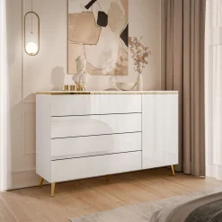 Komoda AURORA 4S1D biały połysk nogi skośne złoty chrom