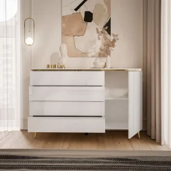 Komoda AURORA 4S1D biały połysk nogi skośne złoty chrom