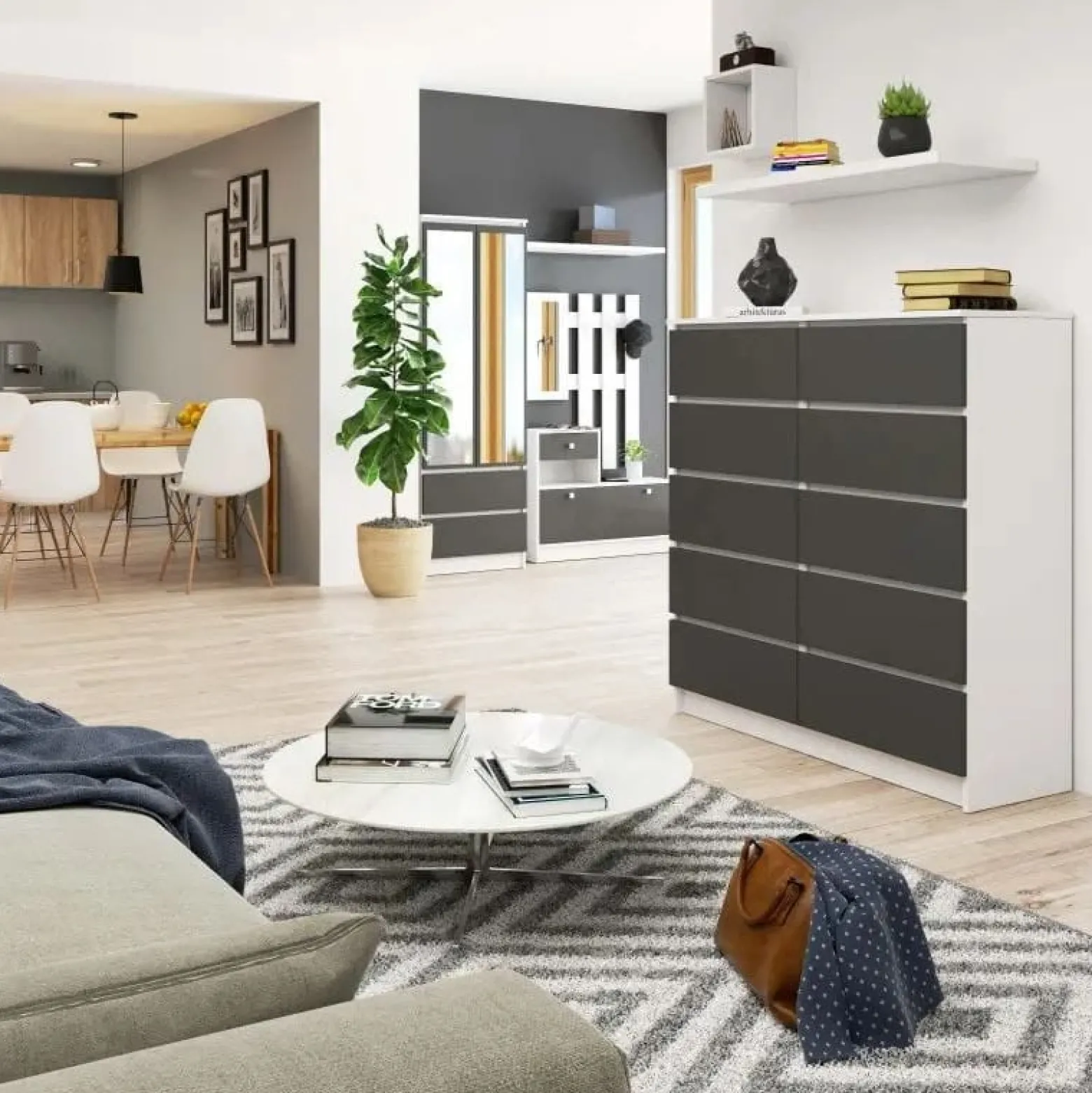Komoda do salonu, STILO, 10 szuflad, 120x40x121, biel, grafit | TYLETEGOTU