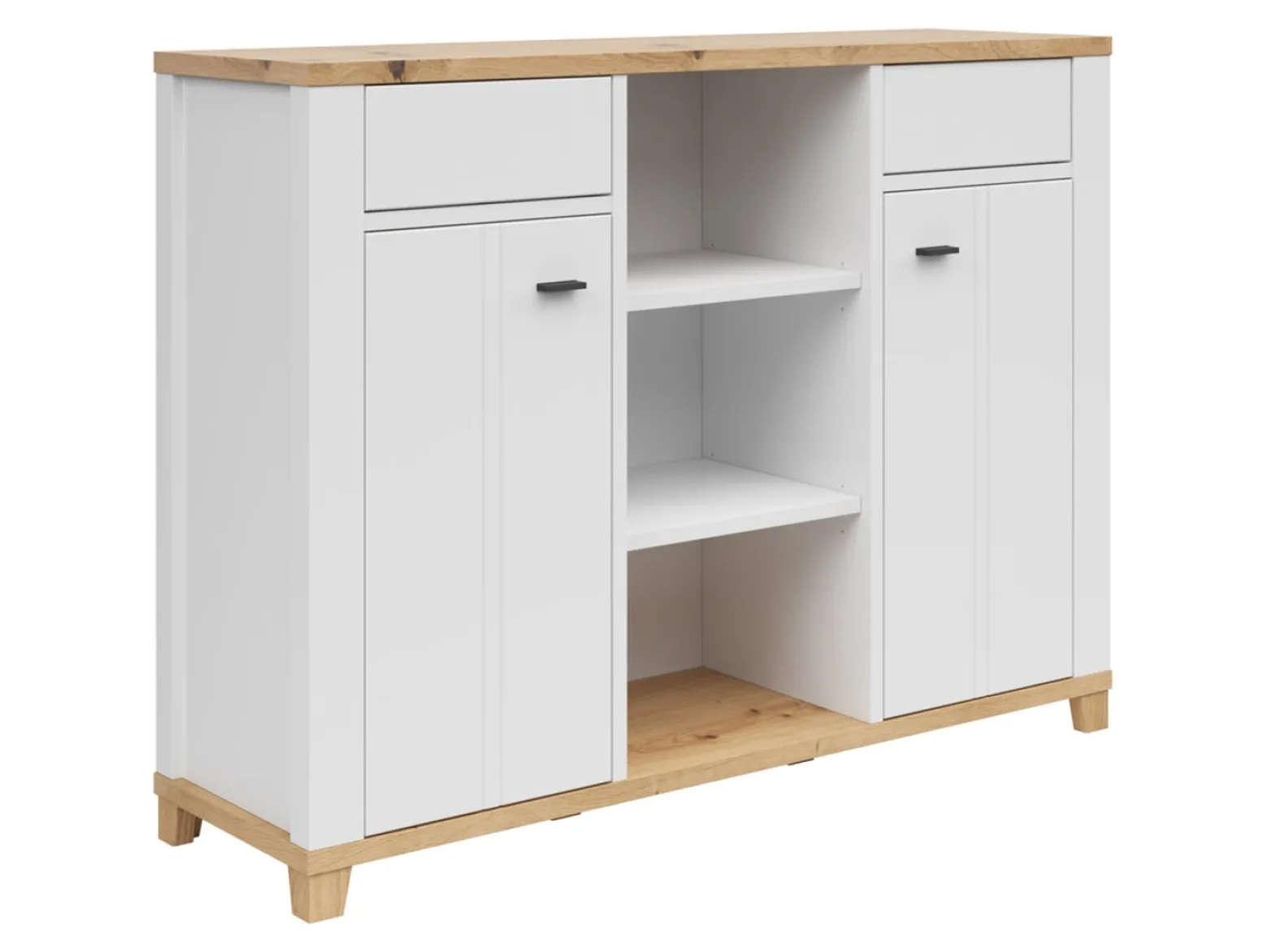 Komoda Hygge 135 cm z 2 drzwiami i szufladami biały/dąb artisan