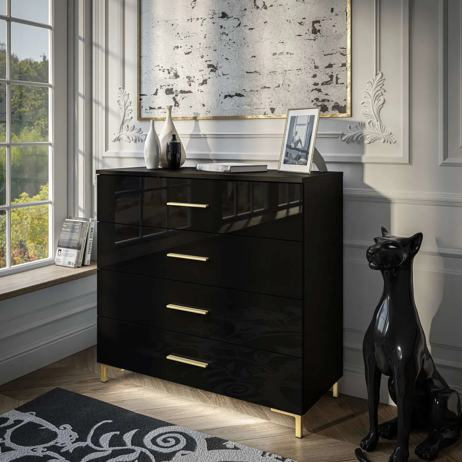 Komoda LINA GOLD złote uchwyty / nóżki czarny połysk LED