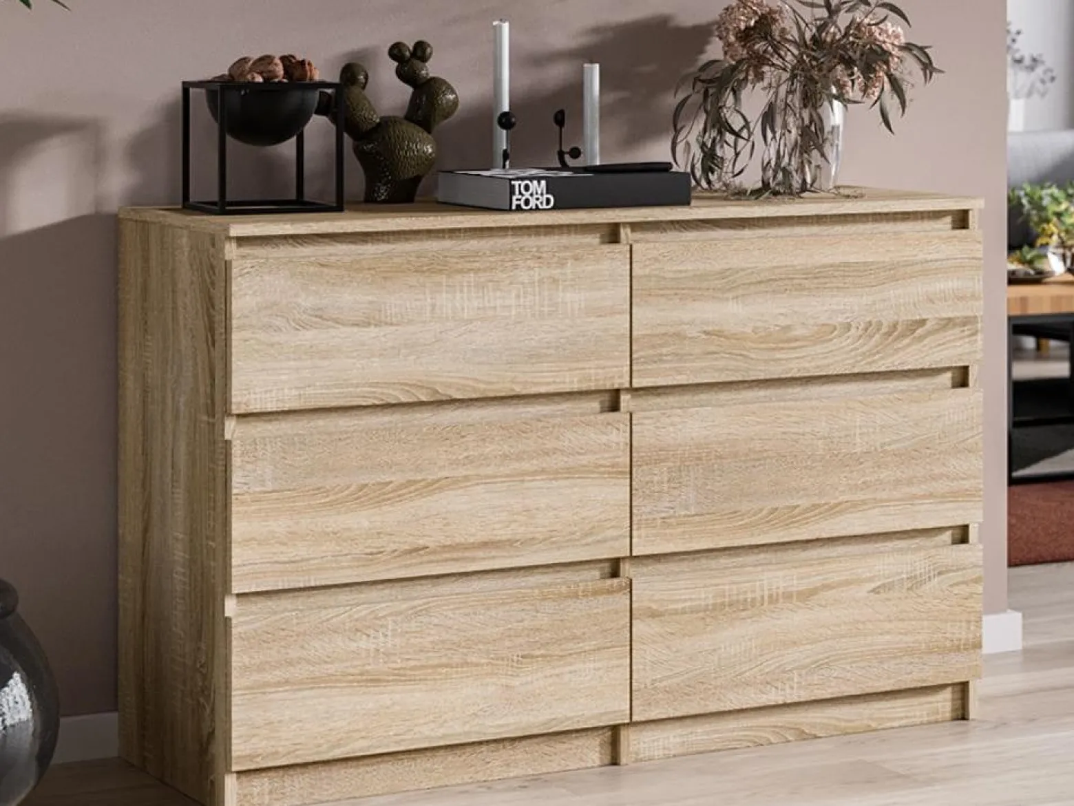 Komoda Pojemna Sonoma Pari 6 Szuflad Dąb Sonoma 120 CM