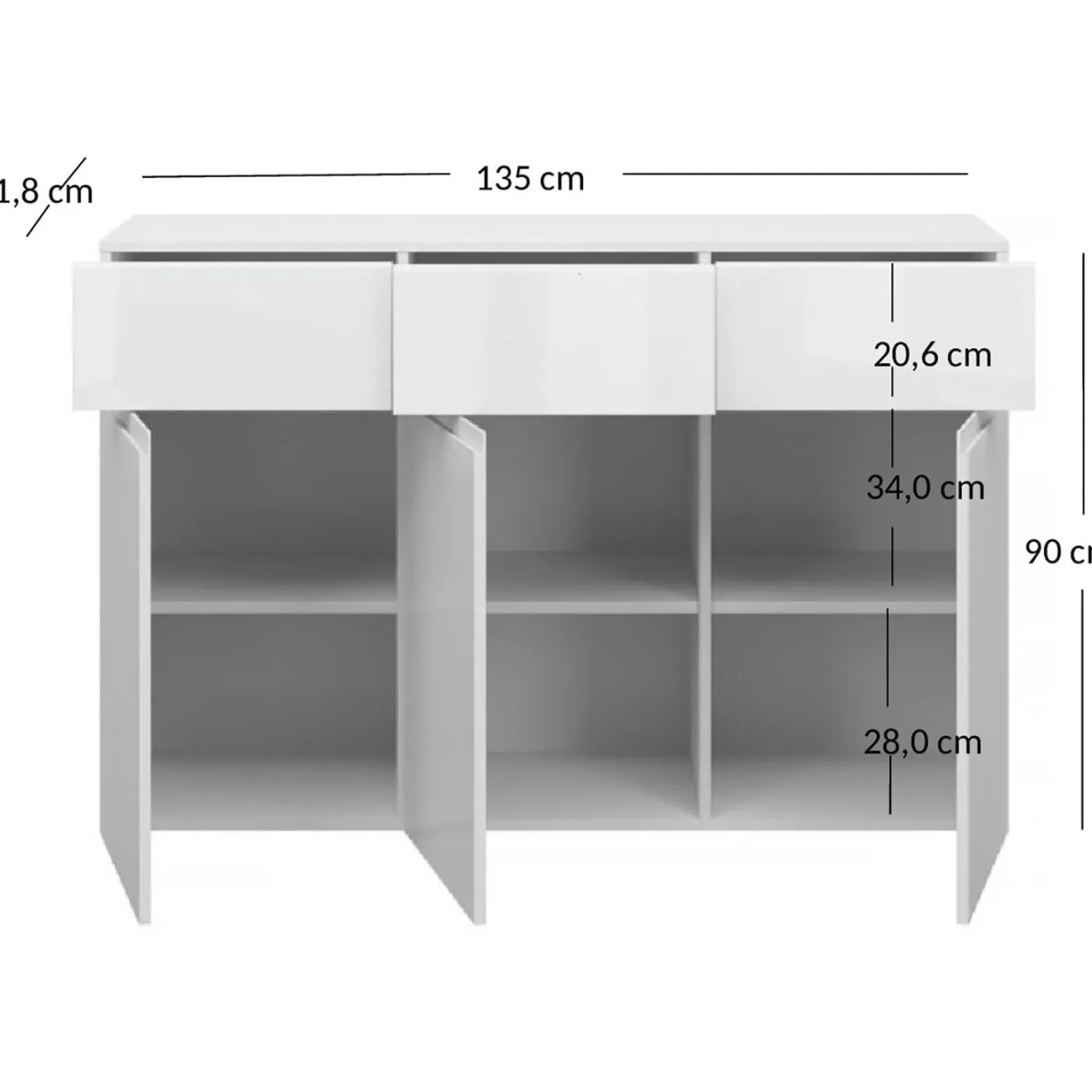 Komoda Trzydrzwiowa z Szufladami do Salonu MIST 135 cm Biały