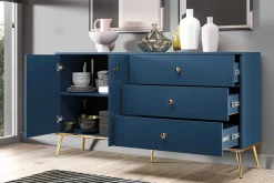 KONSIMO ARICIA Duża komoda 160 cm granatowa ze złotymi elementami elegancka