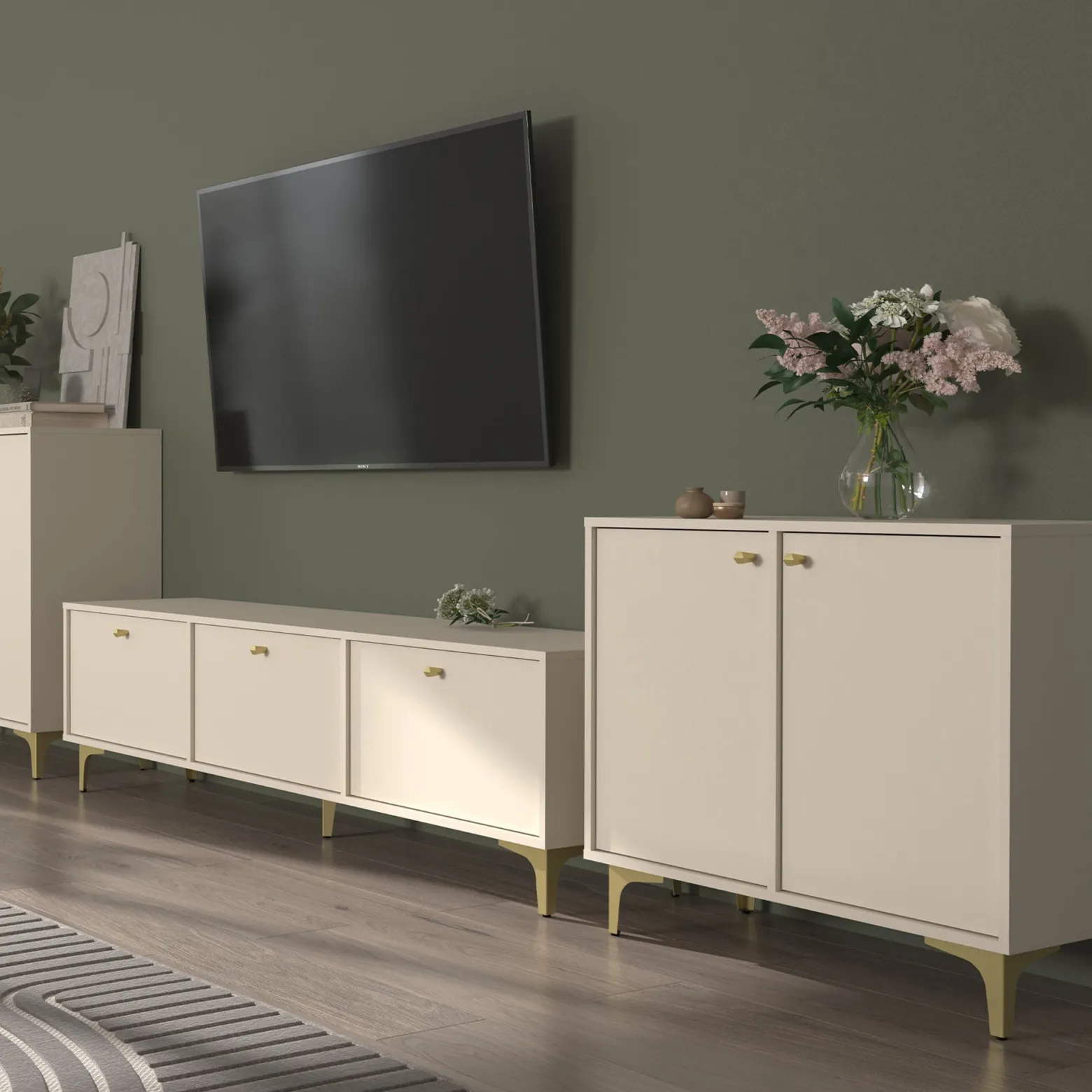 KONSIMO FLOREN Mała komoda do przechowywania kremowa elegancka