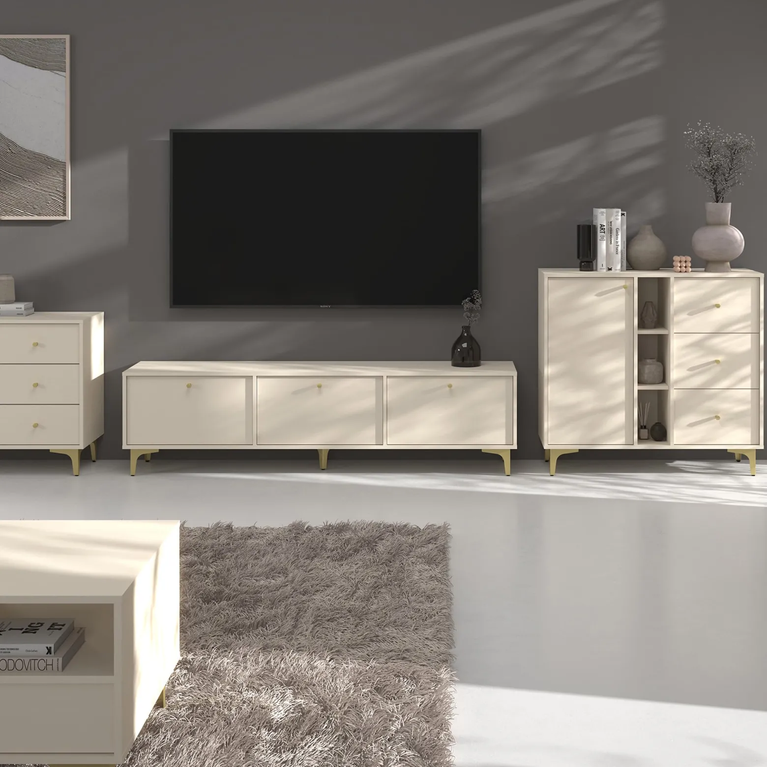 KONSIMO FLOREN Mała komoda do przechowywania kremowa elegancka