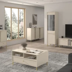 KONSIMO FLOREN Stolik kawowy do salonu z szufladą na złotych nóżkach