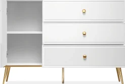 KONSIMO ISORIA Elegancka komoda 120 cm biały połysk, złote elementy glamour
