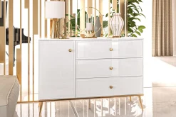 KONSIMO ISORIA Elegancka komoda 120 cm biały połysk, złote elementy glamour