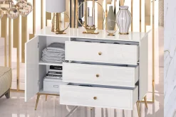 KONSIMO ISORIA Elegancka komoda 120 cm biały połysk, złote elementy glamour