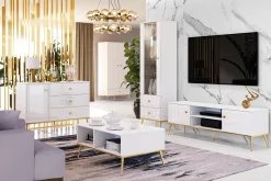 KONSIMO ISORIA Wysoka elegancka szafa z drążkiem na złotych nogach glamour