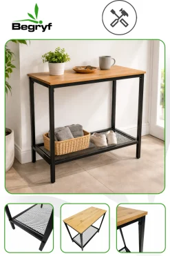 Konsola loft stolik pomocniczy dąb czarny metal półka do przedpokoju BEGRYF