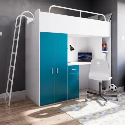 Łóżko piętrowe JSM4 80×190 z szafą i biurkiem matowe drabinka – turkusowe