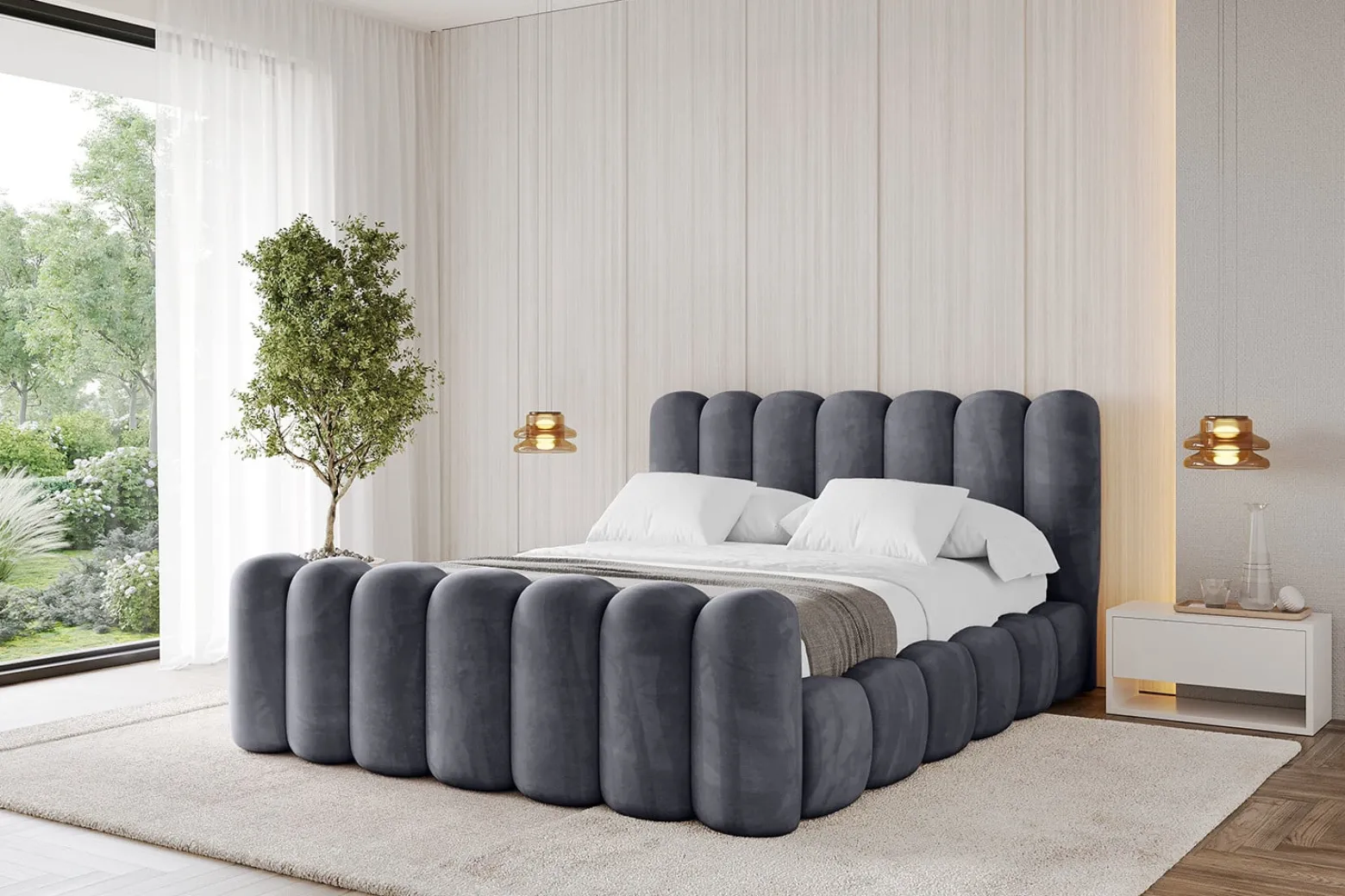 Łóżko tapicerowane z materacem + pojemnik SENA-Z - 200x200 cm Ciemnoszary
