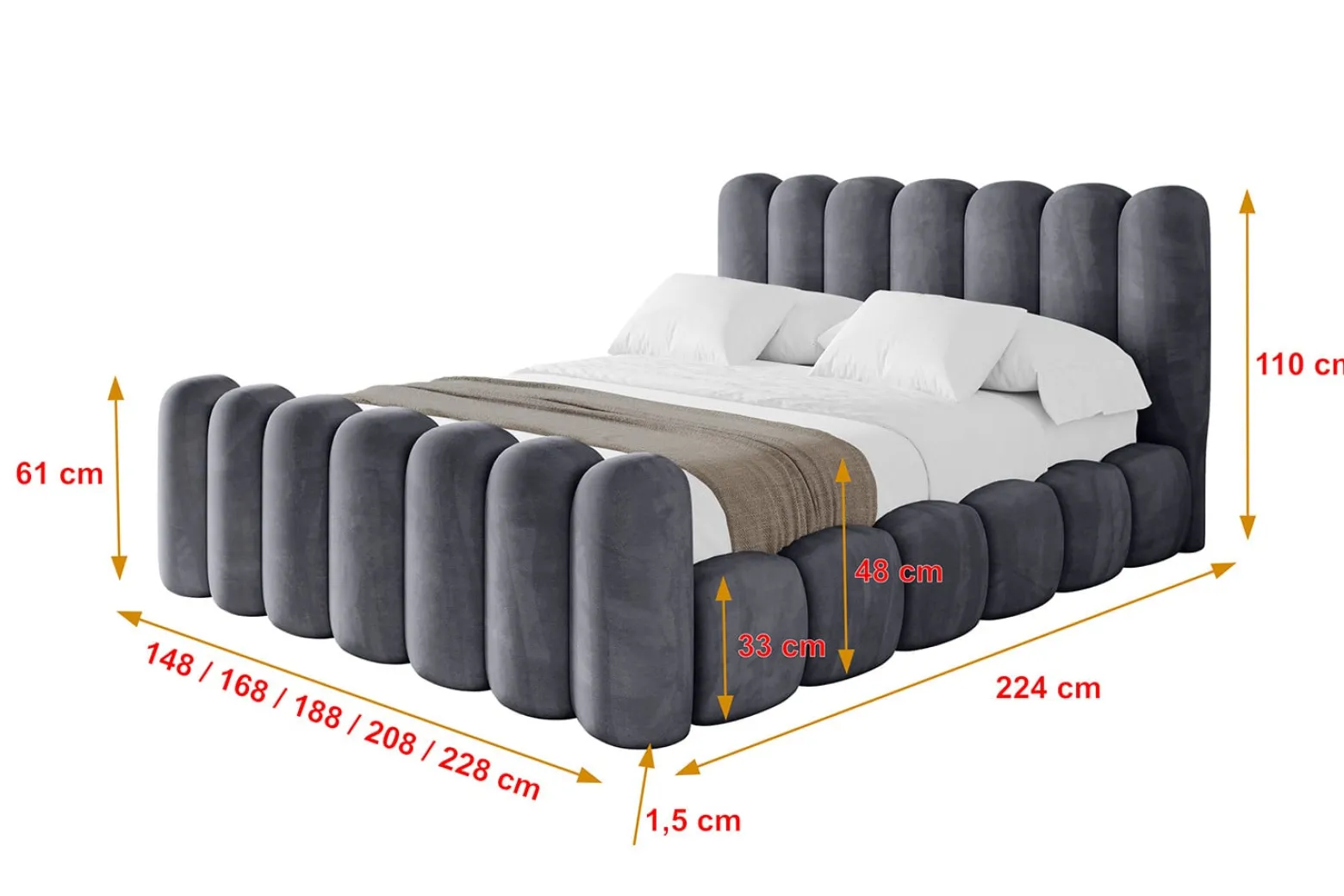 Łóżko tapicerowane z materacem + pojemnik SENA-Z - 200x200 cm Ciemnoszary