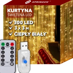 Kurtyna świetlna ciepły biały 300 Led lampki wewnętrzne USB