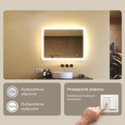 Lustro łazienkowe LED 80x60cm - zaokrąglone - LED Dual, włącznik