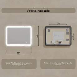 Lustro łazienkowe LED 80x60cm - zaokrąglone - LED Dual, włącznik