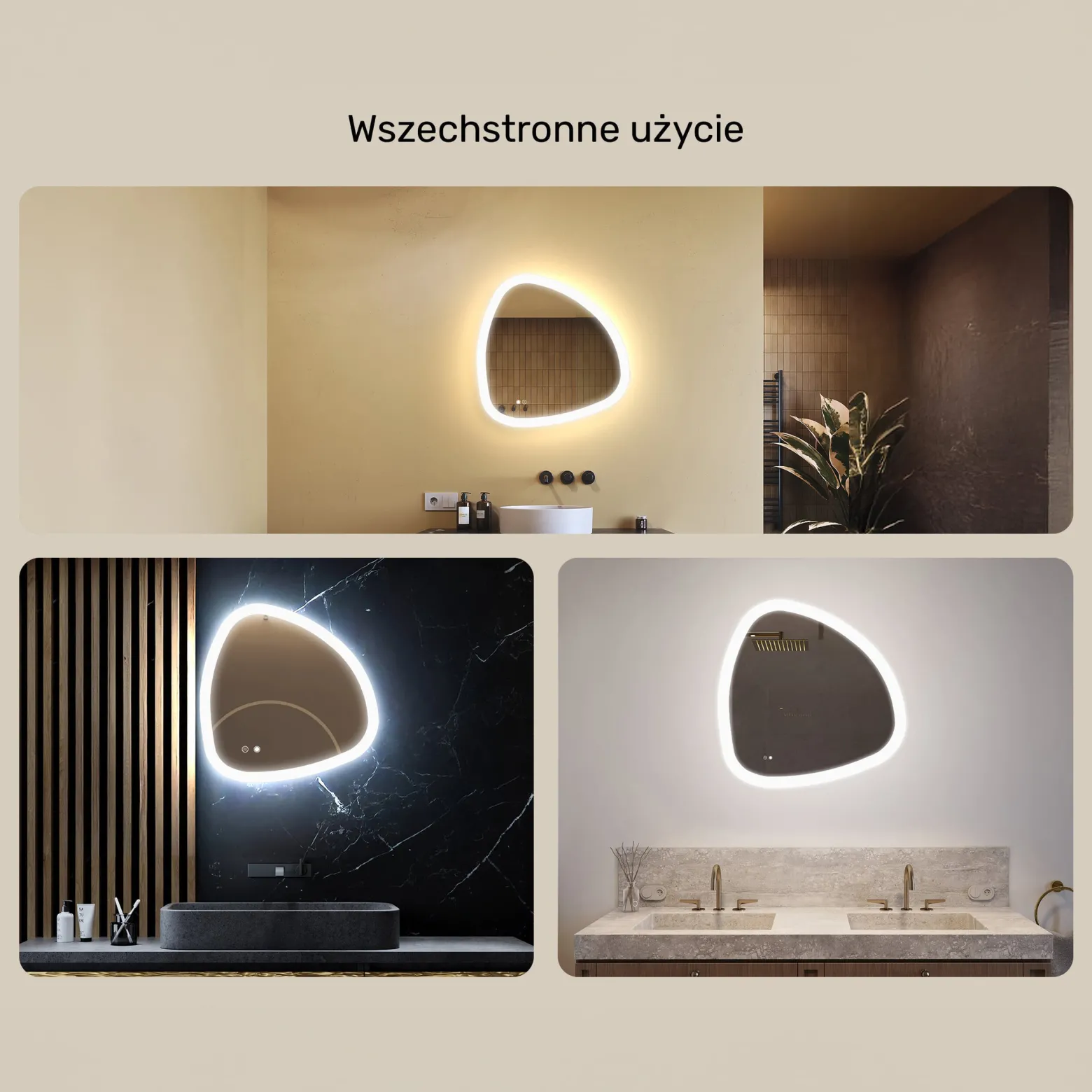 Lustro łazienkowe 64x64cm nieregularne - LED Dual, włącznik, mata grzewcza
