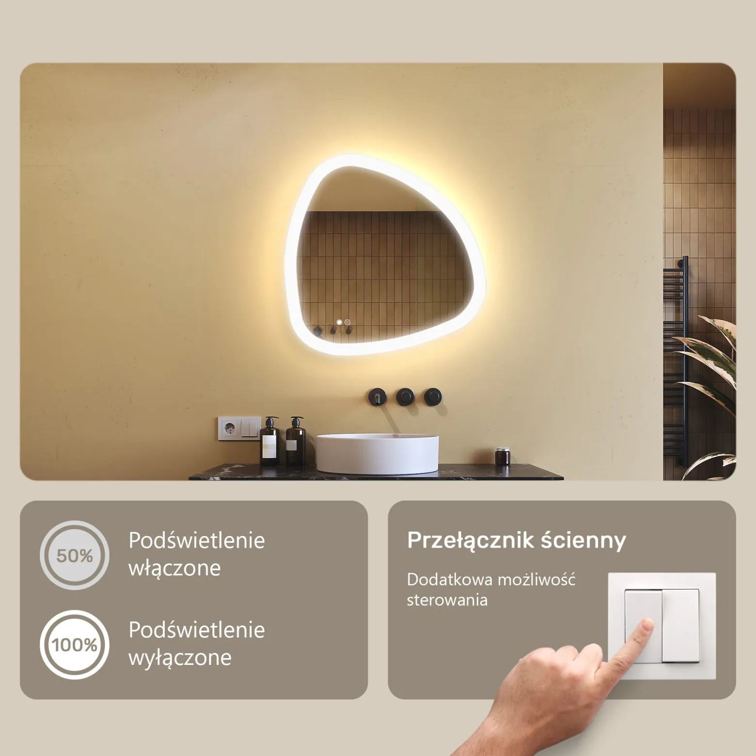 Lustro łazienkowe 64x64cm nieregularne - LED Dual, włącznik, mata grzewcza