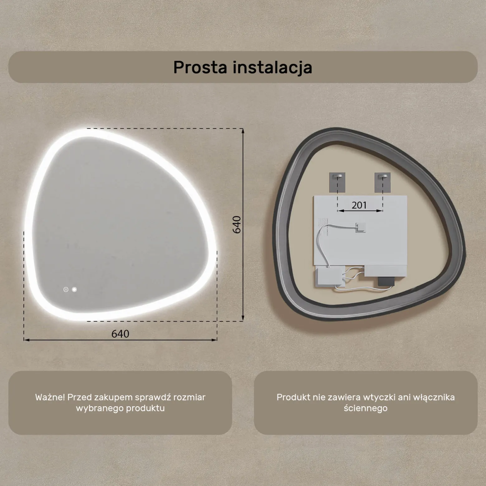 Lustro łazienkowe 64x64cm nieregularne - LED Dual, włącznik, mata grzewcza