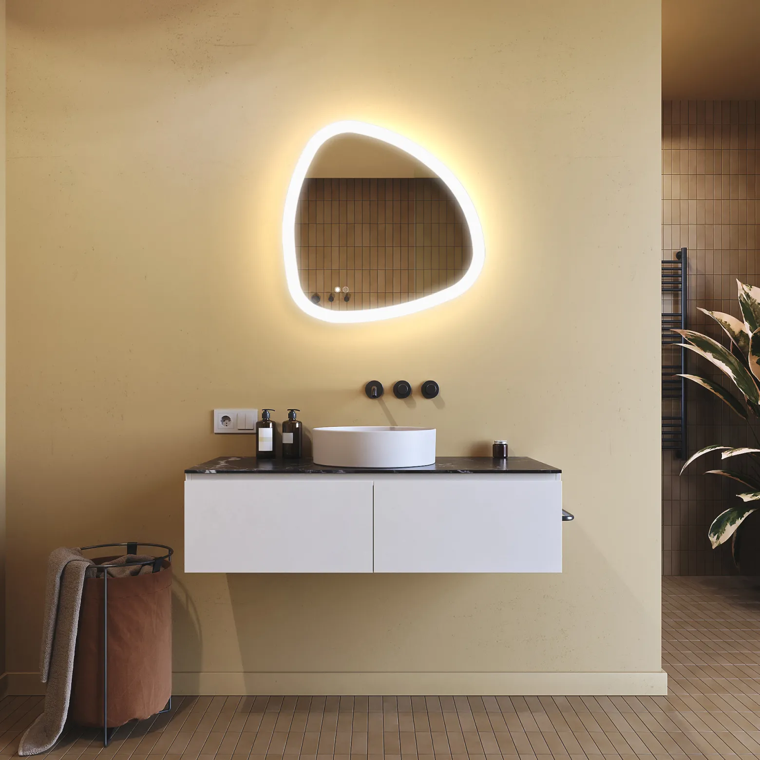 Lustro łazienkowe 64x64cm nieregularne - LED Dual, włącznik, mata grzewcza