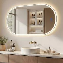 Lustro łazienkowe 50x100 srebro szczotkowane LED dotyk + mata owalne