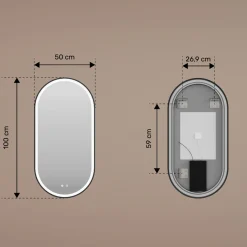 Lustro łazienkowe 50x100 srebro szczotkowane LED dotyk + mata owalne
