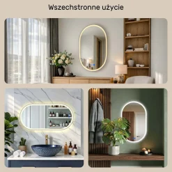 Lustro łazienkowe 50x100 srebro szczotkowane LED dotyk + mata owalne
