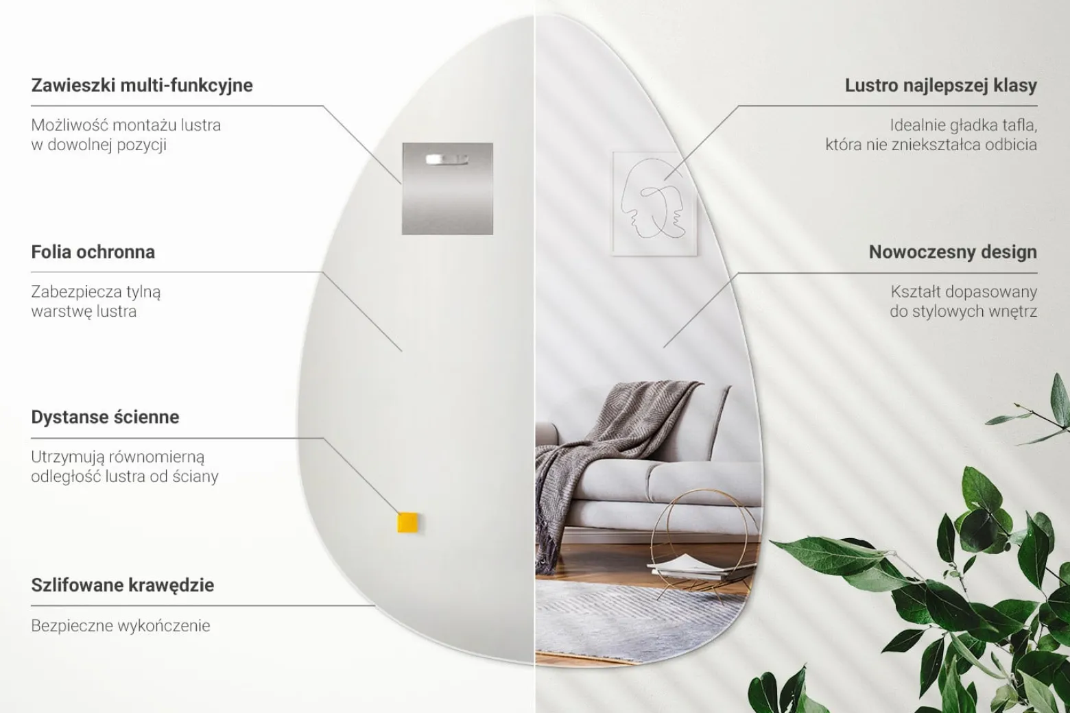 Lustro ścienne owalne, nieregularne, do łazienki 50x70 Wallfluent