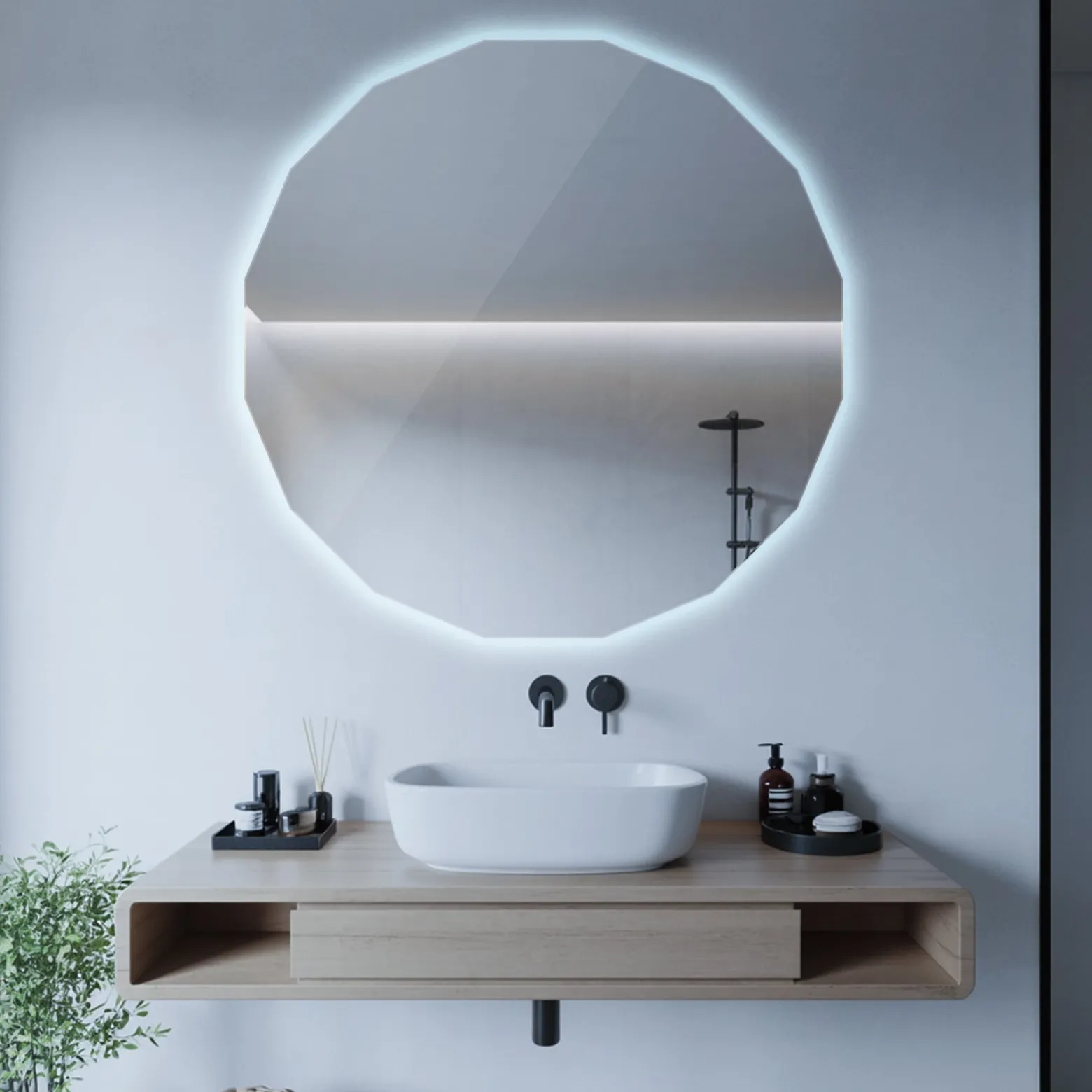 Lustro Okrągłe Asymetryczne LED z Zimnym Światłem 50x50 Wallfluent
