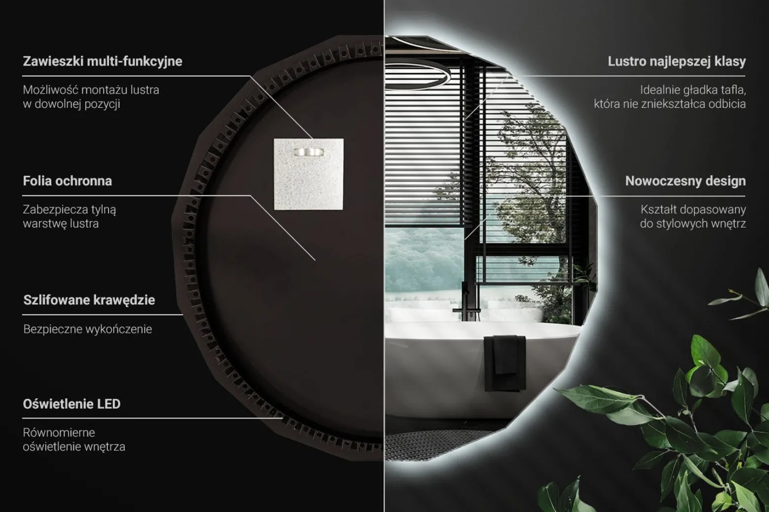 Lustro Okrągłe Asymetryczne LED z Zimnym Światłem 50x50 Wallfluent