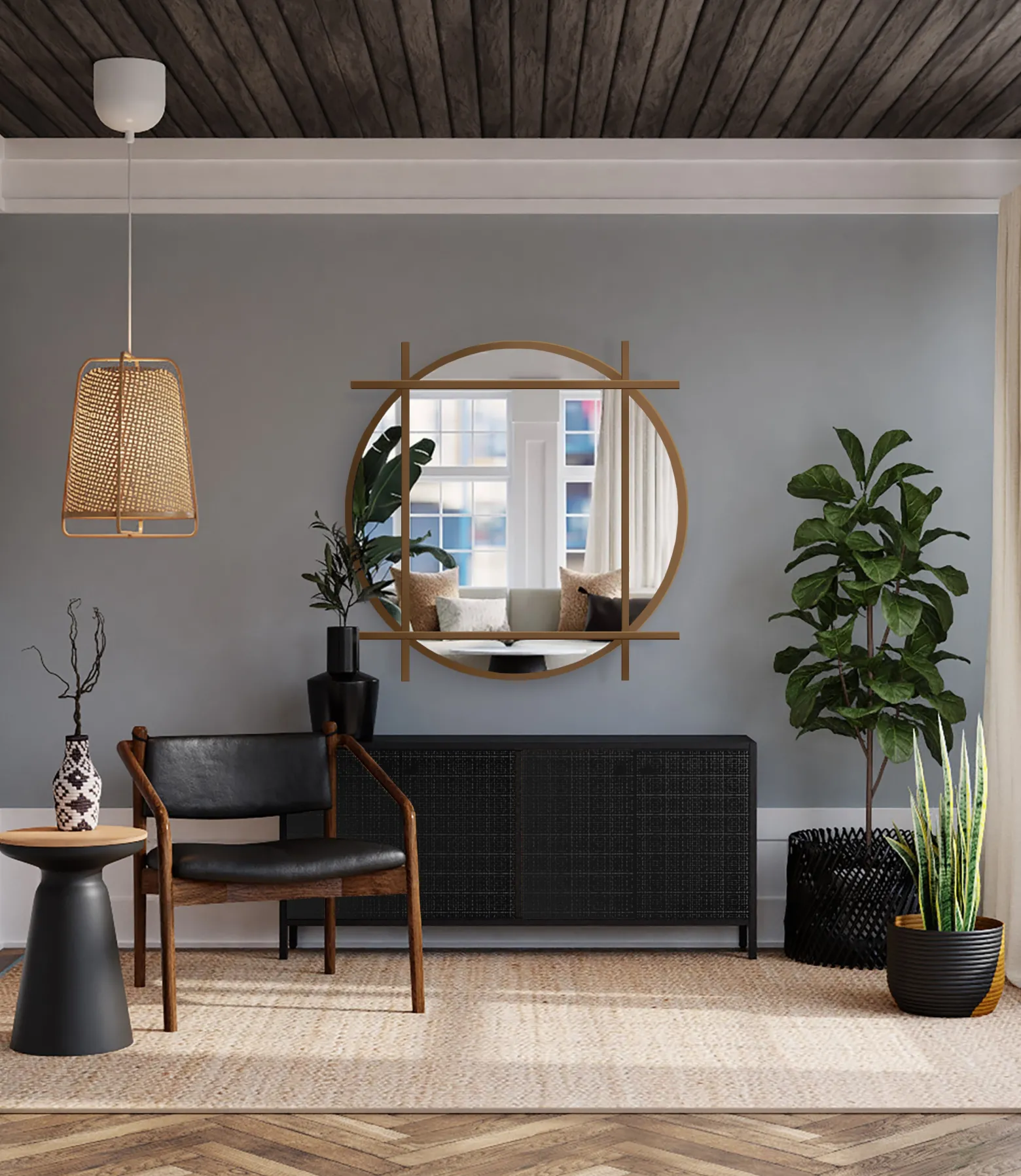 Lustro okrągłe loft ze złotymi szprosami mdf - IZYD