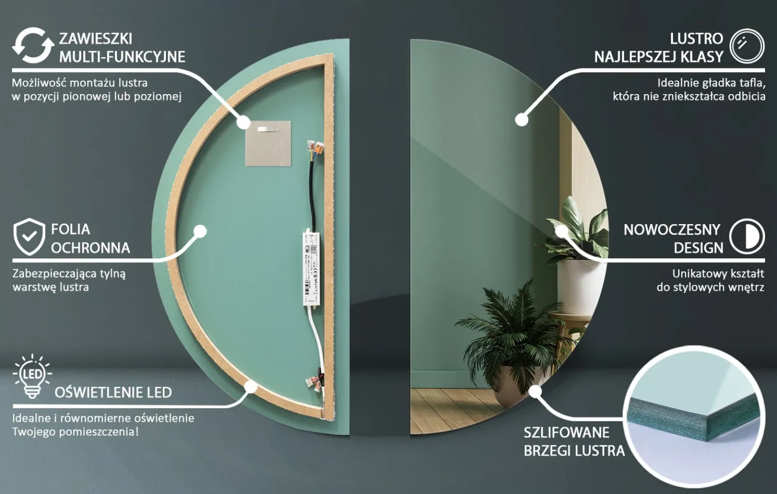Lustro Półokrągłe LED do Makijażu Łazienkowe 1/2 fi80 cm