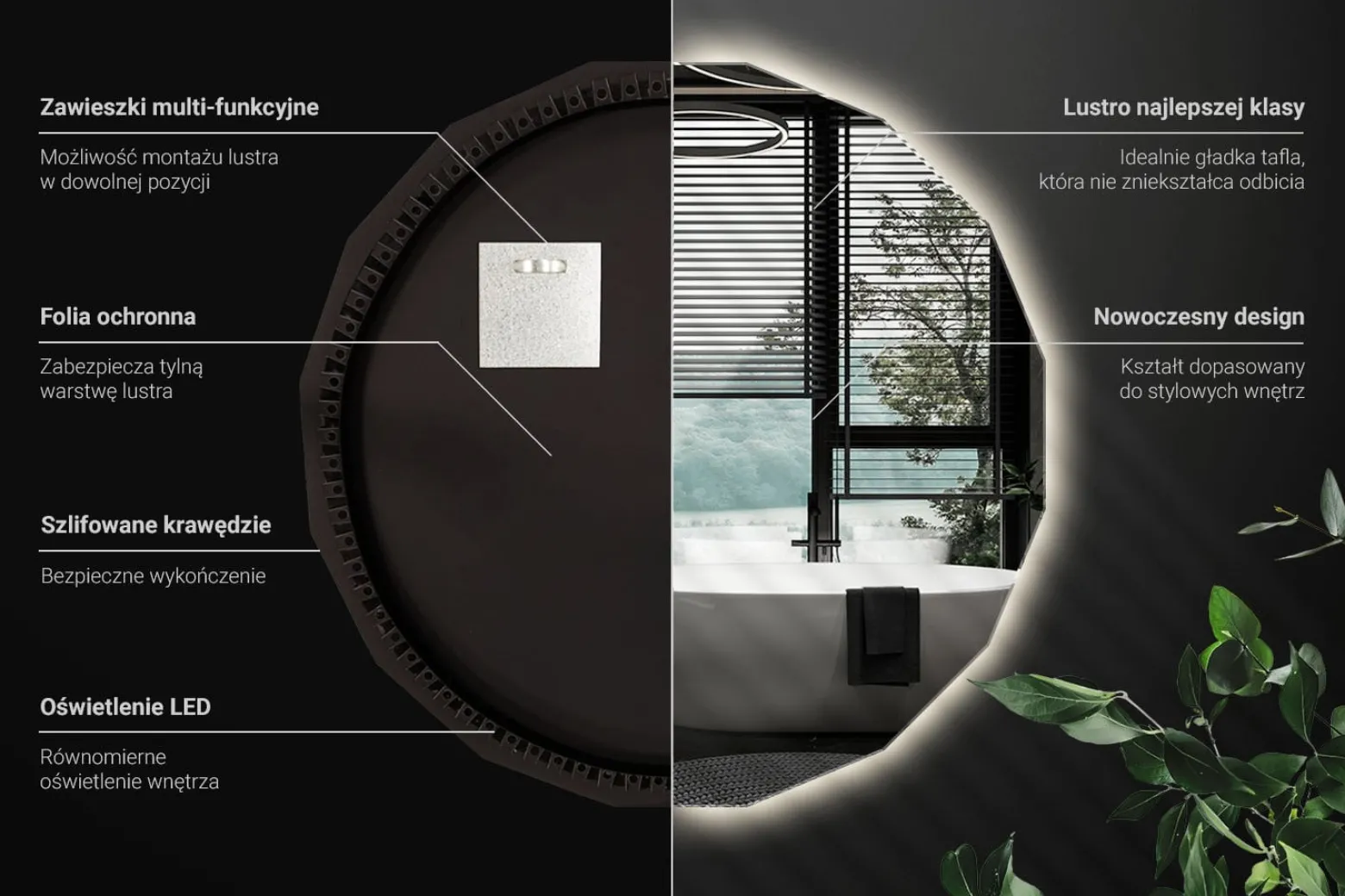 Lustro Stylowe Okrągłe LED z Neutralnym Światłem 50x50 Wallfluent