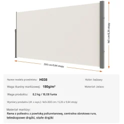 Markiza boczna parawan osłona na taras roleta przeciwsłoneczna 160 x 300 cm
