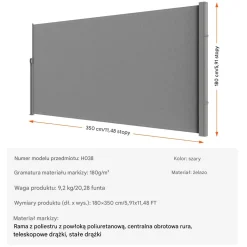 Markiza boczna parawan szara na taras roleta przeciwsłoneczna 180 x 350 cm