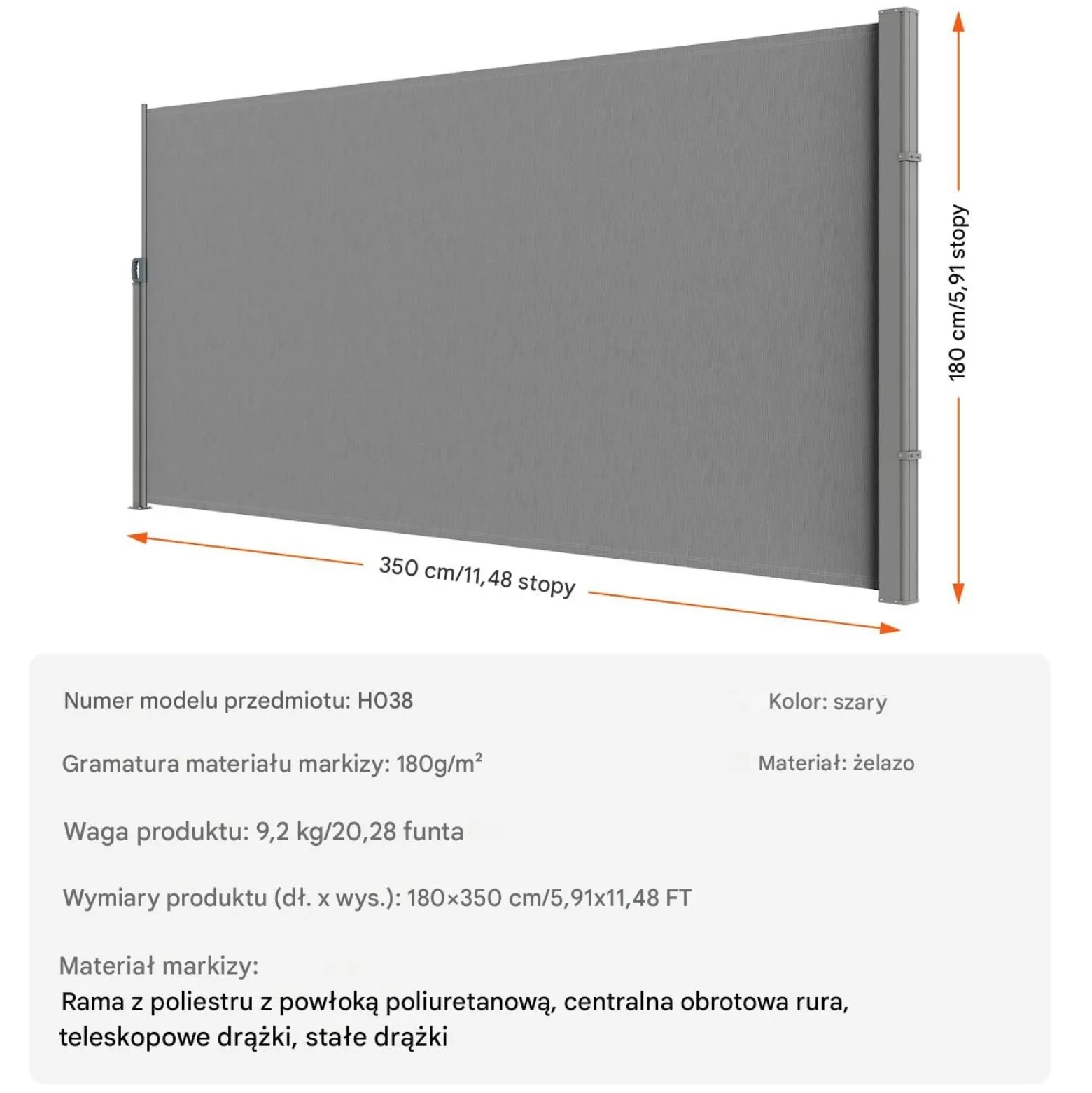 Markiza boczna parawan szara na taras roleta przeciwsłoneczna 180 x 350 cm